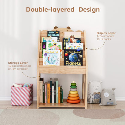 Woodtoe 5 Tier Montessori Bookshelf with Toy Storage, Large Toddler Bookshelf with Chalkboard, Baby Bookcase Book Display Shelve for Kids Bedroom, Nursery, Classroom, Kids Furniture for Boys Girls 1+