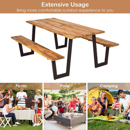 S AFSTAR 70" Outdoor Picnic Table, Heavy Duty Wooden Table and Bench Set with Umbrella Hole, All-Weather Acacia Wood Picnic Tables for 6, Garden, Backyard, Porch, Patio