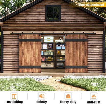 Easelife 16FT Exterior Sliding Barn Door Hardware Kit, Box Rail Track, 450lb Capacity, Black Weather-Resistant Steel, Wall Mount System for Outdoor Use, Fit Double 48in Door