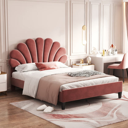 Merax Full Size Upholstered Platform Bed Wooden Frame with Flower Pattern Velvet Headboard for Bedroom,Boys Girls,Bean Paste Red