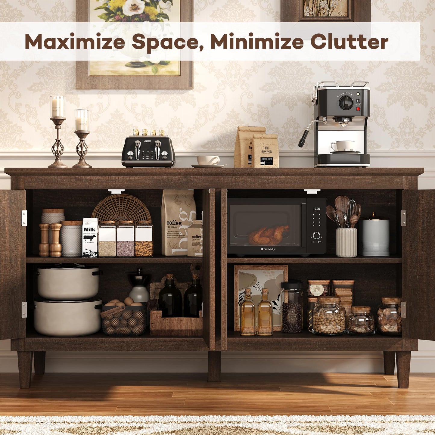 knoworld 60" Mid Century Sideboard Cabinet with 4 Doors,Solid Wood Storage Buffet Cabinet& Coffee Station,Organization Console for Dining Room & Living Room