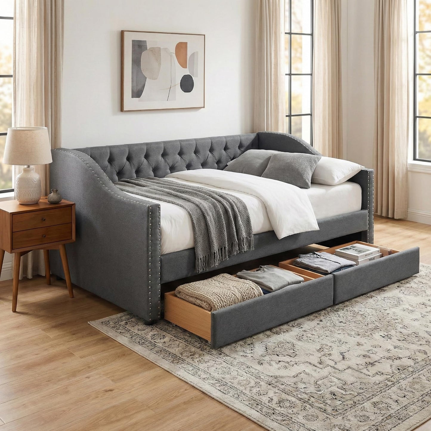 Merax Upholstered Twin Daybed Frame with 2 Storage Drawers, Linen Fabric Wood Sofa Bed, Diamond-Tufted Backrest & Rivets Armrests, Sturdy Wood Slat Support, No Box Spring Needed, Bear 400LBS, Gray