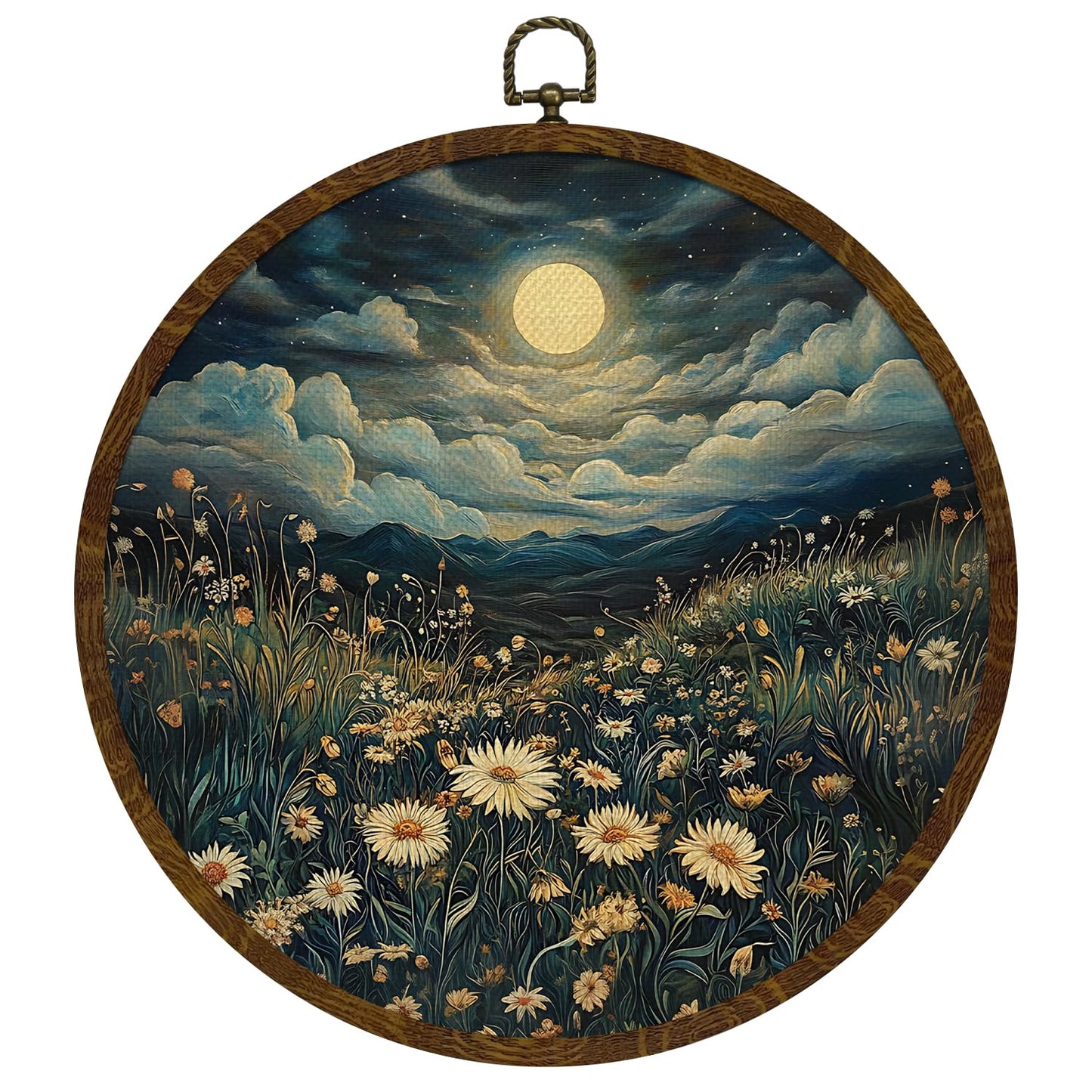 Moonlit Daisy Meadow Round Wall Art,10"x10" Romantic Nature Canvas Wall Hanging Decor with Frame, Rustic Night Landscape Wildflower Painting for Bedroom, Living Room, or Gift (FJ01)