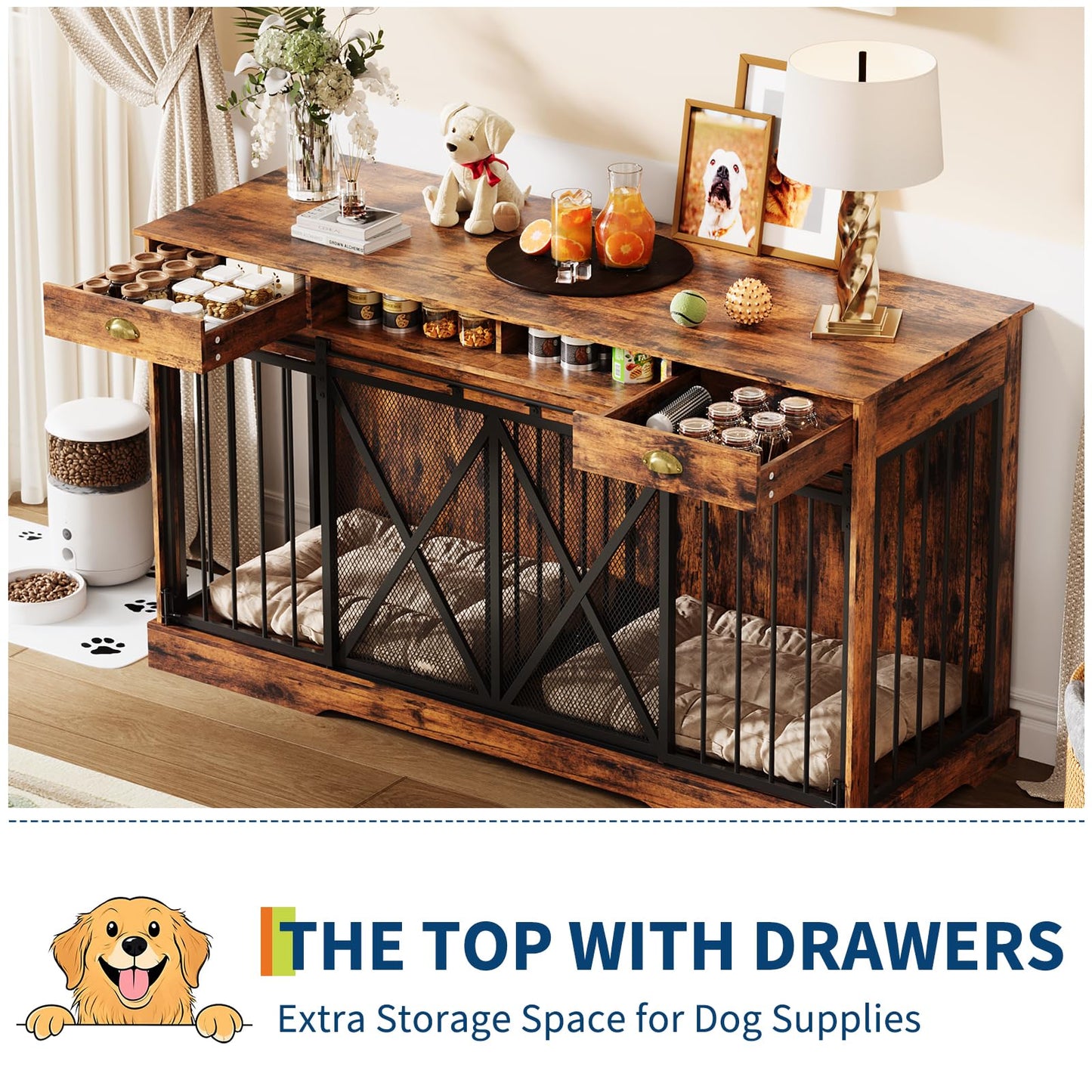 Garvee Double Dog Crate with Removable Divider, 63'' Extra Large Dog Cage Furniture with Sliding Doors & 2 Drawers, Multifunctional Indoor Pet House TV Stand for 2 Pets
