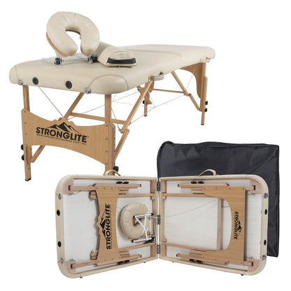 STRONGLITE Portable Massage Table Olympia - Double Knobs, Package w/ Adjustable Face Cradle, Face Pillow, Half Round Bolster, Microfiber Sheet Set & Carry Case (28x73"), Beige