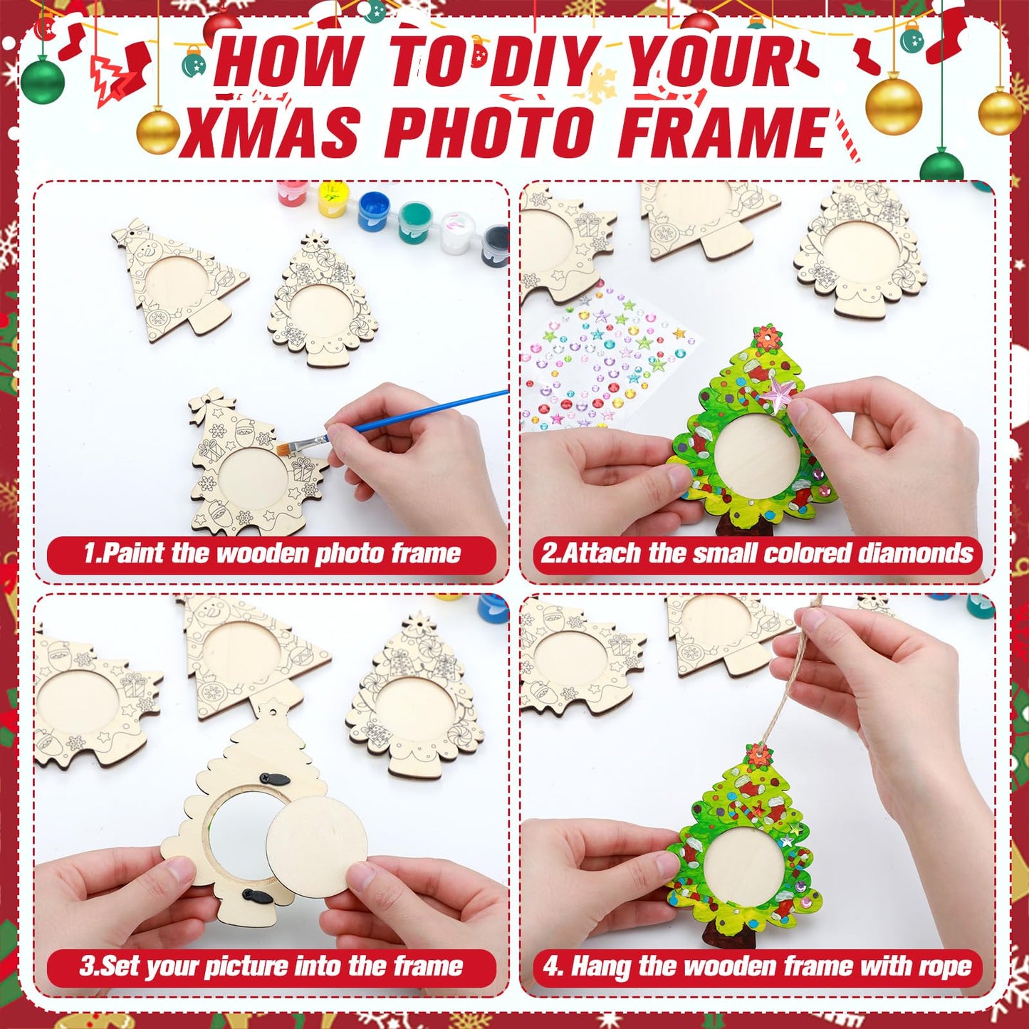 Qunclay 12 Pcs Unfinished Wood Christmas Picture Frame 12 Styles DIY Christmas Tree Photo Frame Wooden Ornaments with Paint Set for Xmas Tree Home Decoration