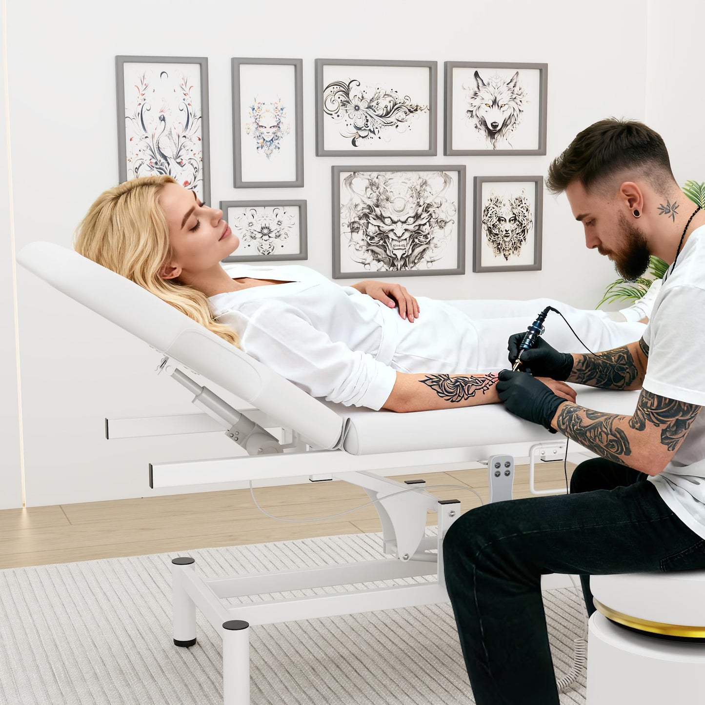 Dolonm 2 Motors Electric Massage Table, Hydraulic Electric Lift Adjustable Backrest and Height Lifting for Treatment, Physical Therapy, Spinal Massage, Facial Spa, Waxing, Tattooing - White