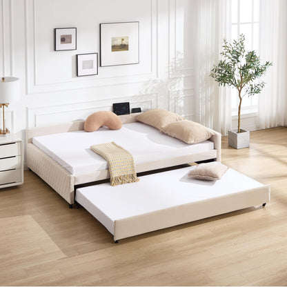 DNYN L-Shaped Corner Daybed with Pull-Out Trundle and Dual USB Ports for Bedroom/Guest Room, Velvet Bed Frame w/Wooden Slats Support and LED, Space-Saving & No Box Spring Needed, Beige