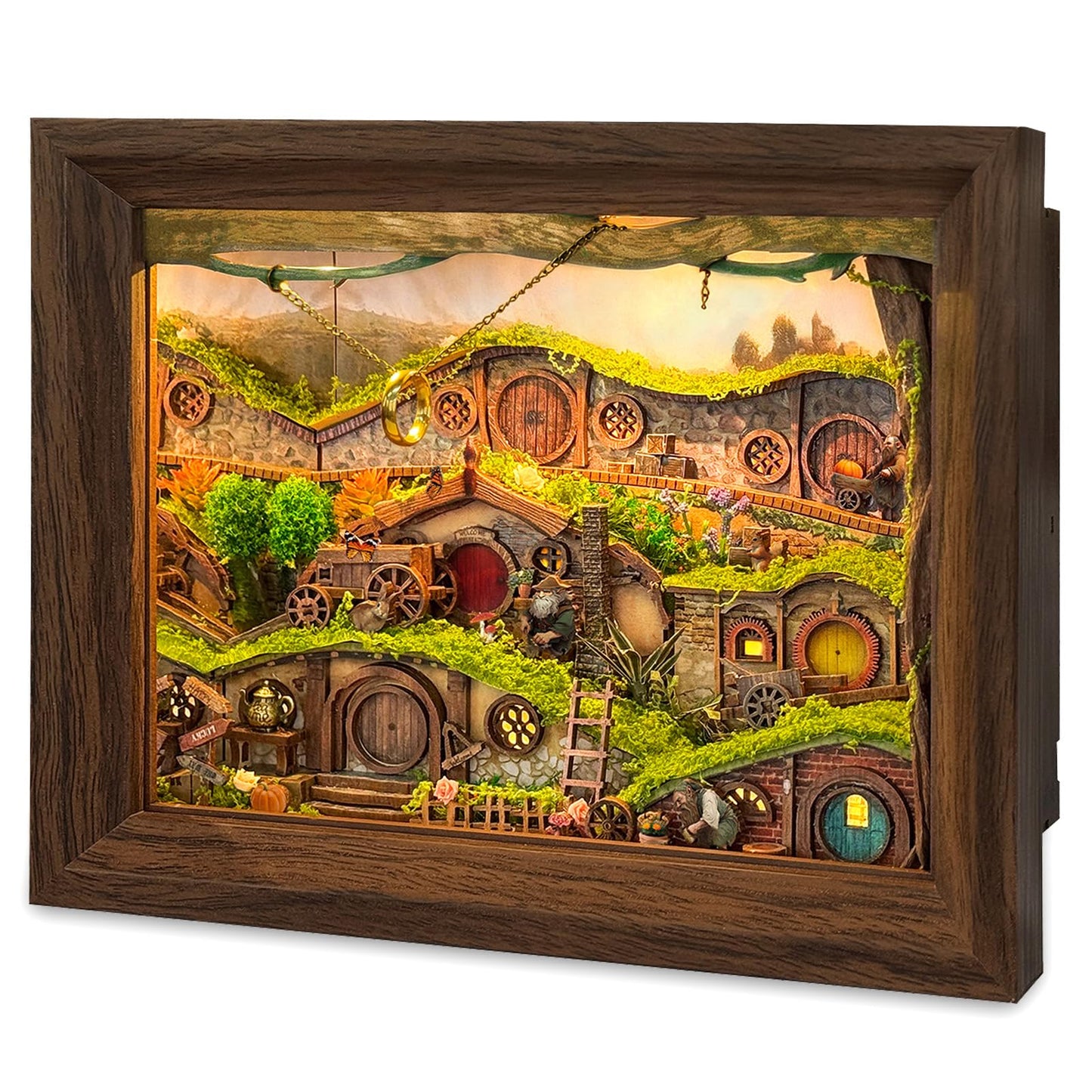 LORENOOK The Magic Ring Hamlet DIY Miniature House Shadow Box Kit – 3D Wooden Puzzle with Lights & Dust Cover, Book Nook Kits for Adults, Creative Framed Bookshelf Decor & Gift