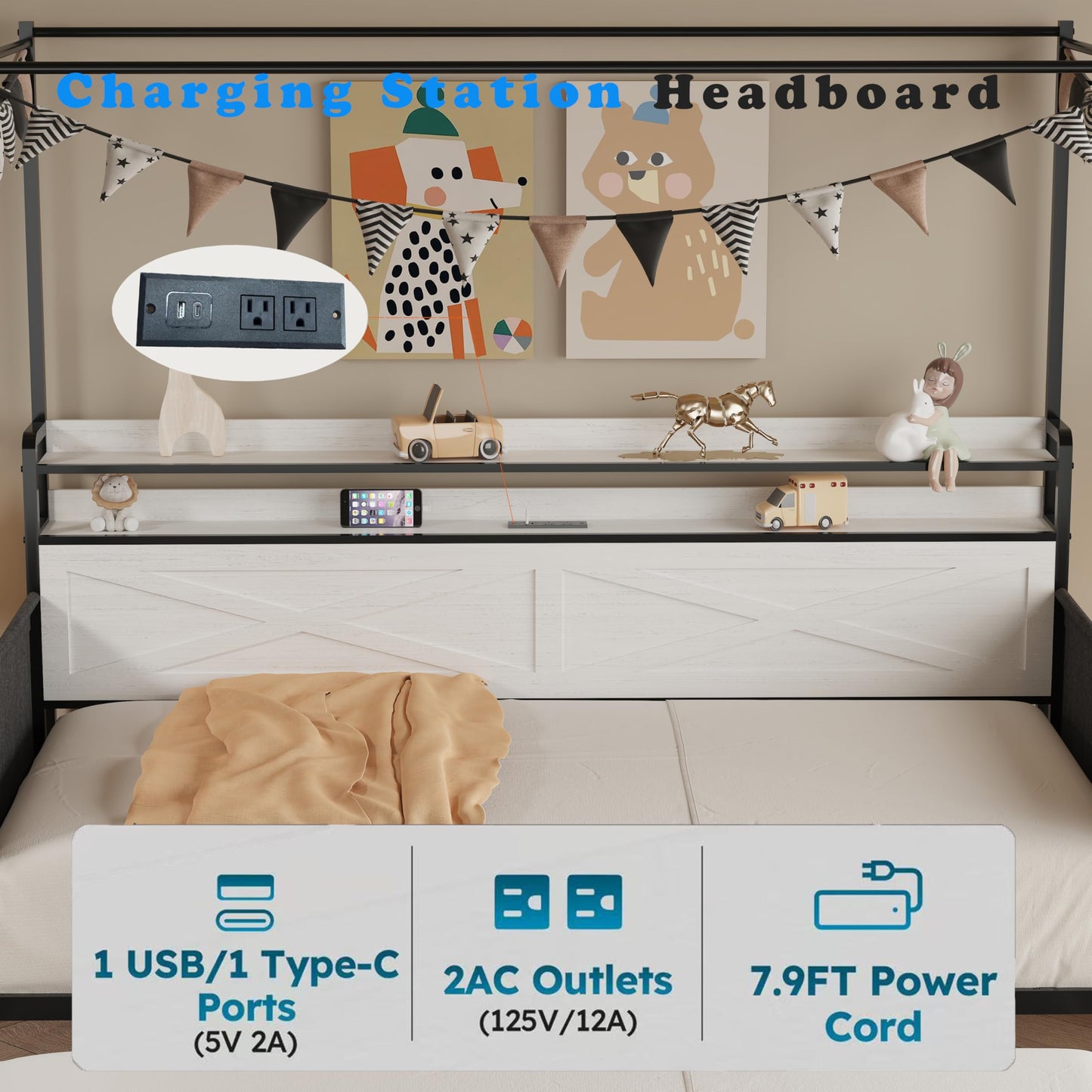 DNYN Metal Daybed with Pop-up Trundle and 4 Poster for Bedroom/Guest Room, Twin Size Heavy-Duty Canopy Bed Frame with USB Ports and Storage Headboard, Space-Saving & No Box Spring Needed
