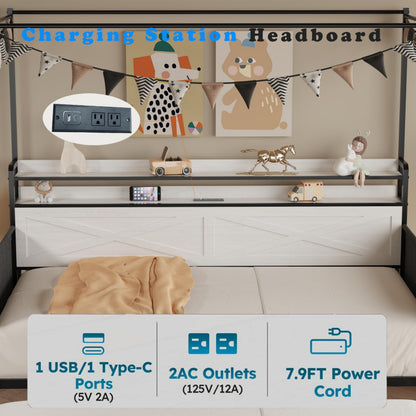 DNYN Metal Daybed with Pop-up Trundle and 4 Poster for Bedroom/Guest Room, Twin Size Heavy-Duty Canopy Bed Frame with USB Ports and Storage Headboard, Space-Saving & No Box Spring Needed
