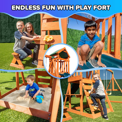 Sportspower Scottsdale Cedar Wood Swing Set: 2 Adjustable Swings, Sandbox, Rock Climber, Covered Deck, 1 Slide - Exceeds ASTM Safety Standards