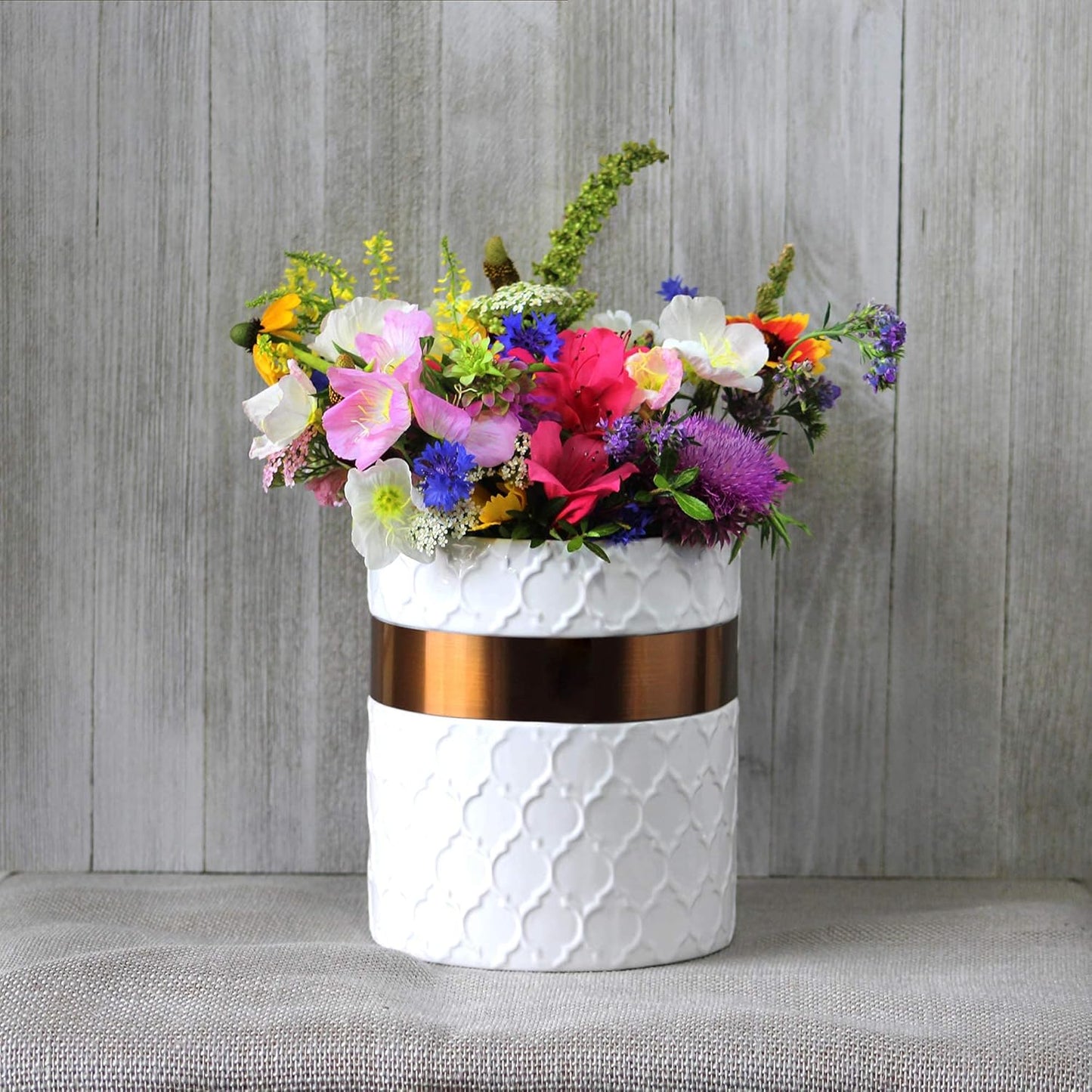 Home Acre Designs Large Ceramic Farmhouse Kitchen Utensil Holder, White/Copper Countertop Crock