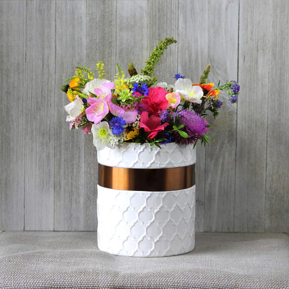 Home Acre Designs Large Ceramic Farmhouse Kitchen Utensil Holder, White/Copper Countertop Crock