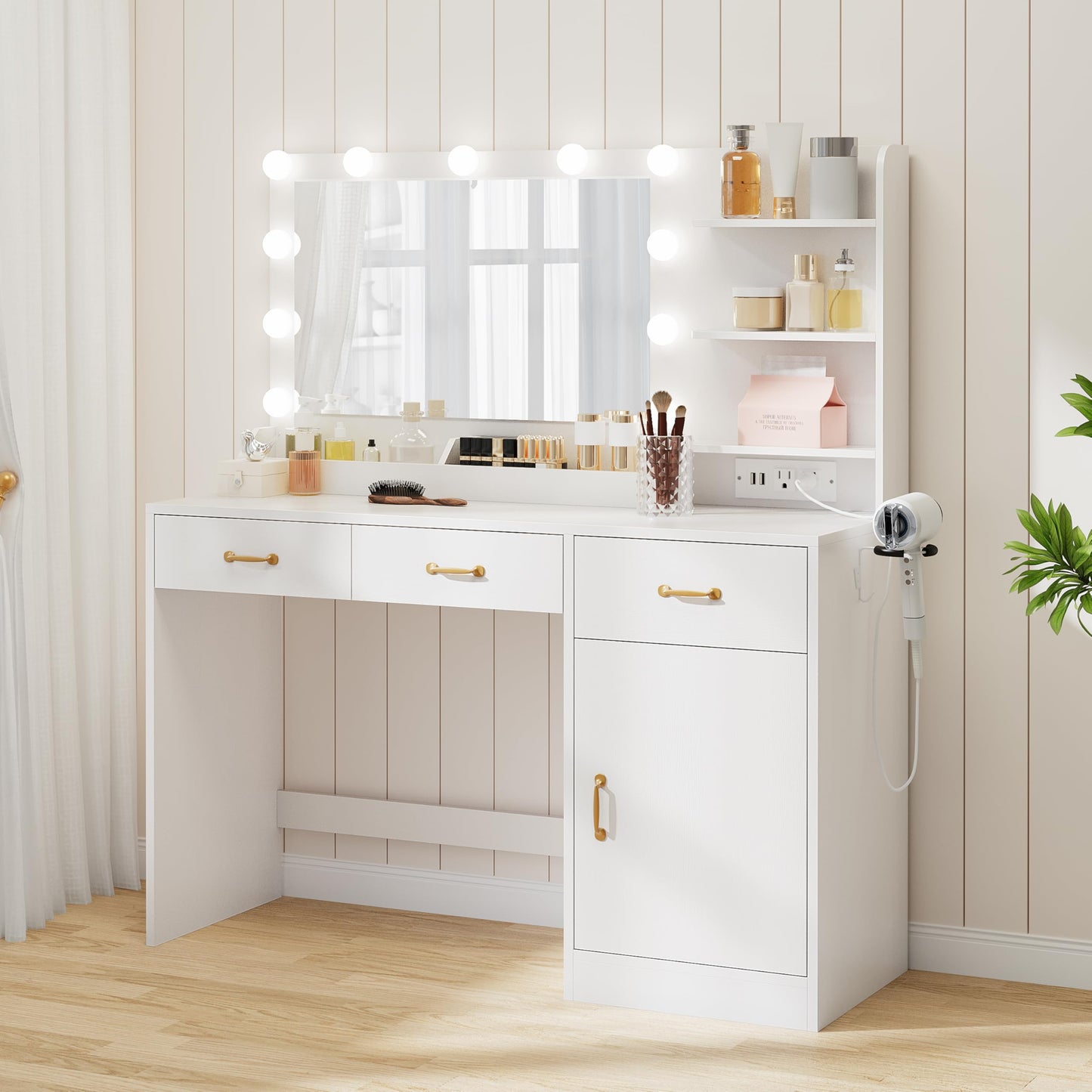 GarveeHome Vanity Desk with Mirror and Lights, Makeup Vanity with Power Outlet & 11 LED Bulbs, White Dressing Table with 3 Drawers and Storage Shelves, Modern Makeup Table for Bedroom, Standalone