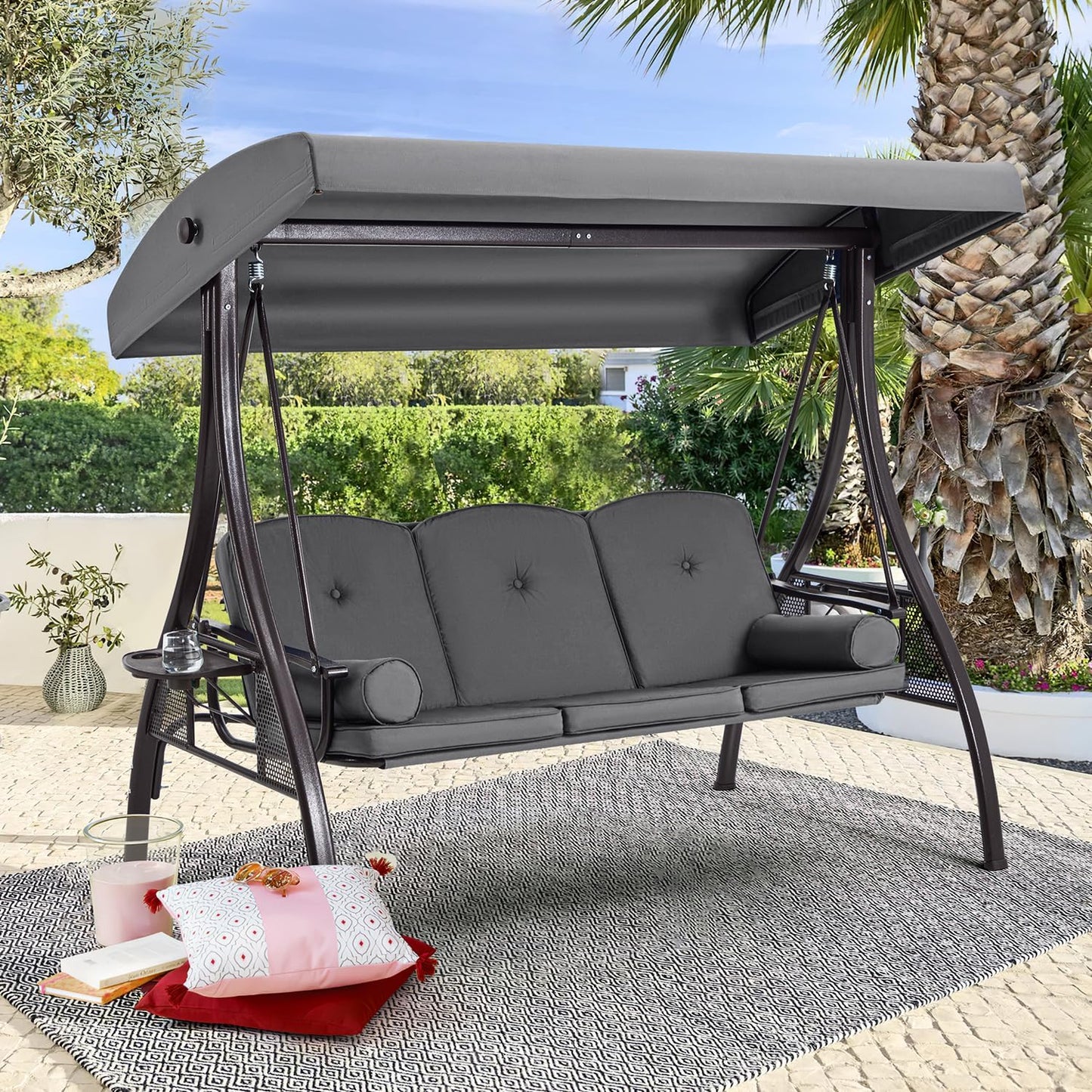 HOMREST 3 Person Outdoor Porch Swing with 1.5" Upgraded Cup Holder, Adjustable Canopy, Backrest, Patio Swing Bed with Weather Resistant Steel Frame, Cushions for Garden,Deck and Poolside(Gray)