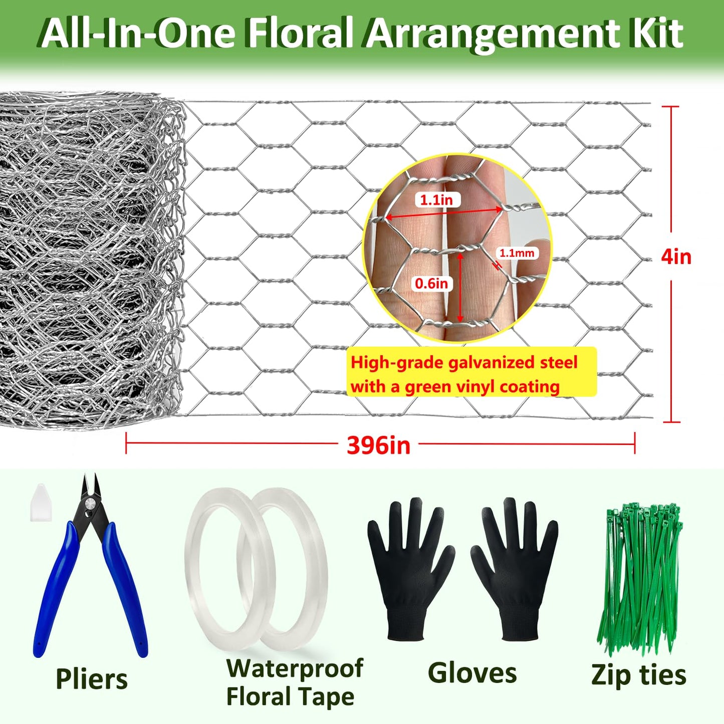 Floral Chicken Wire for Craft Kit, 4" x 396" Lightweight Chicken Wire for Floral Arrangement, Hexagonal Galvanized Chicken Wire Netting with Floral Tape, Plier, Tie, Gloves(Silver,4" x 396")