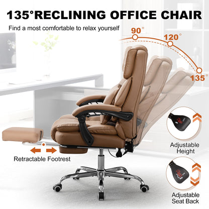 BOWTHY Kneading Massage Executive Office Chair with Heated,90-135° Reclining Office Chair with Footrest,Computer Desk Chair with Wheels,Diamond-Stitched Cushion Leather Office Chair (Brown)