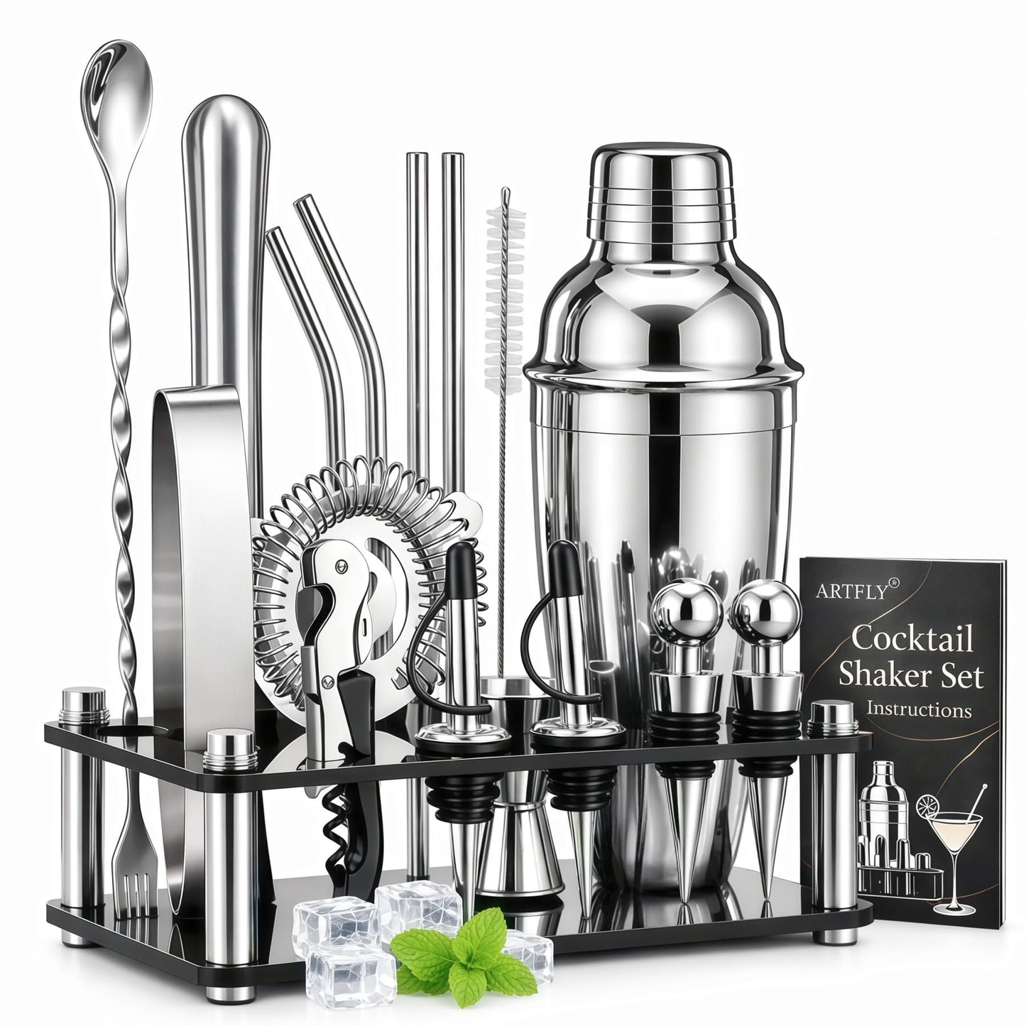 ARTFLY Cocktail Shaker Set, 18-Piece Bartender Kit with Acrylic Stand, 18/8 Stainless Steel Bar Set with Martini Shaker, Jigger, Muddler & Recipe Book for Home Bar
