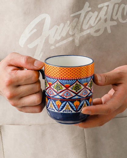 HENXFEN LEAD Boho Ceramic Coffee Mugs Set of 6 – 14 oz Porcelain Cups for Latte, Cappuccino, Tea & Cocoa – Microwave & Dishwasher Safe