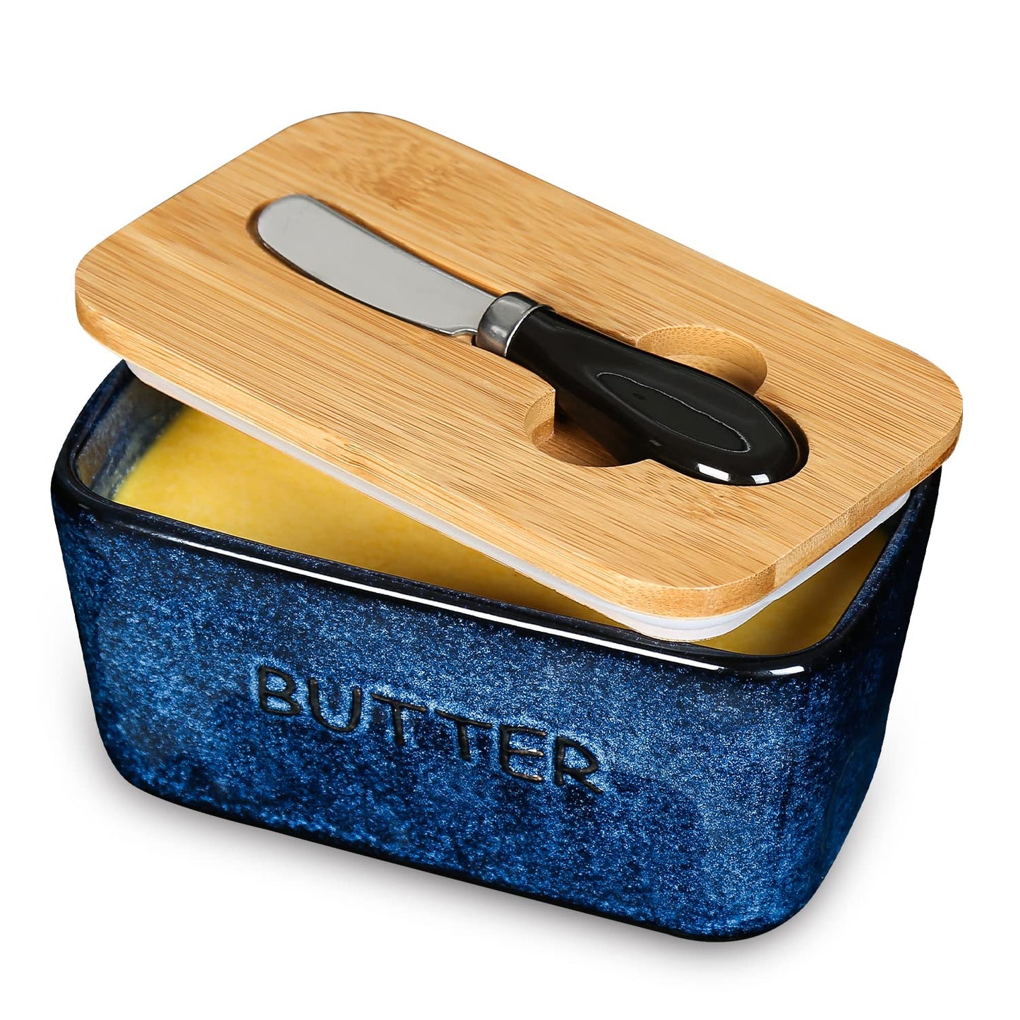 Vicrays Porcelain Airtight Lid Butter Container with Knife - Large Blue Butter Keeper Crock for Countertop