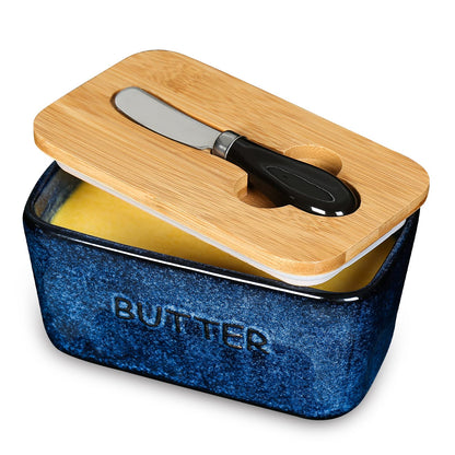 Vicrays Porcelain Airtight Lid Butter Container with Knife - Large Blue Butter Keeper Crock for Countertop