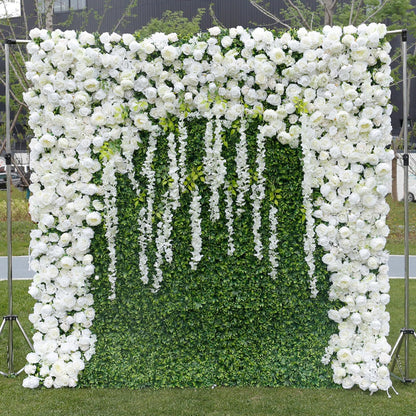 Handmade Green Lawn White Rose Wall Large Artificial Flower Wall Backdrop Panels,Rose Wedding Backdrop 3D Floral Wall Fabric Flower Wall For Party Baby Shower Bridal Wedding B,1m*1m/3.28*3.28FT