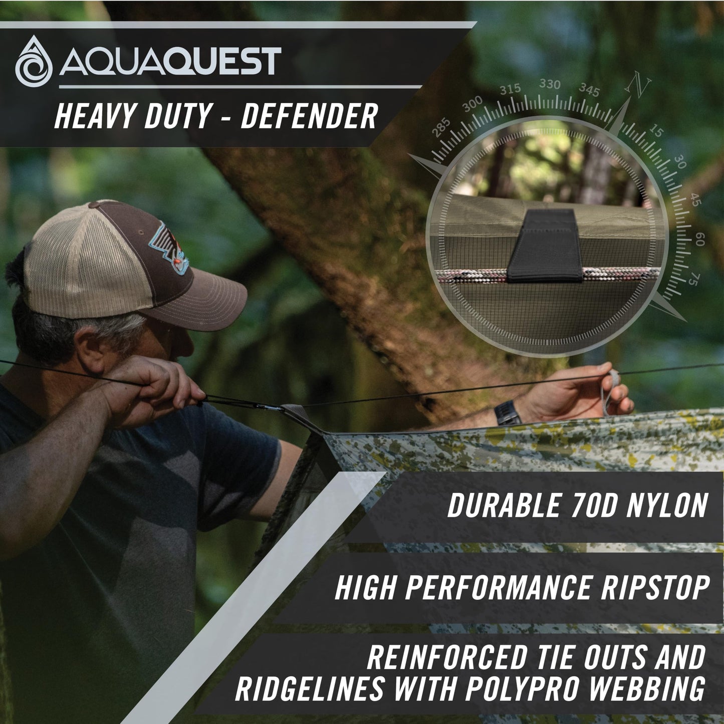 AquaQuest Defender Tarp – Heavy‑Duty Waterproof (20,000 mm) Seam‑Taped Rain Fly for Camping, Bushcraft & Survival – 10×10 Olive Drab Kit