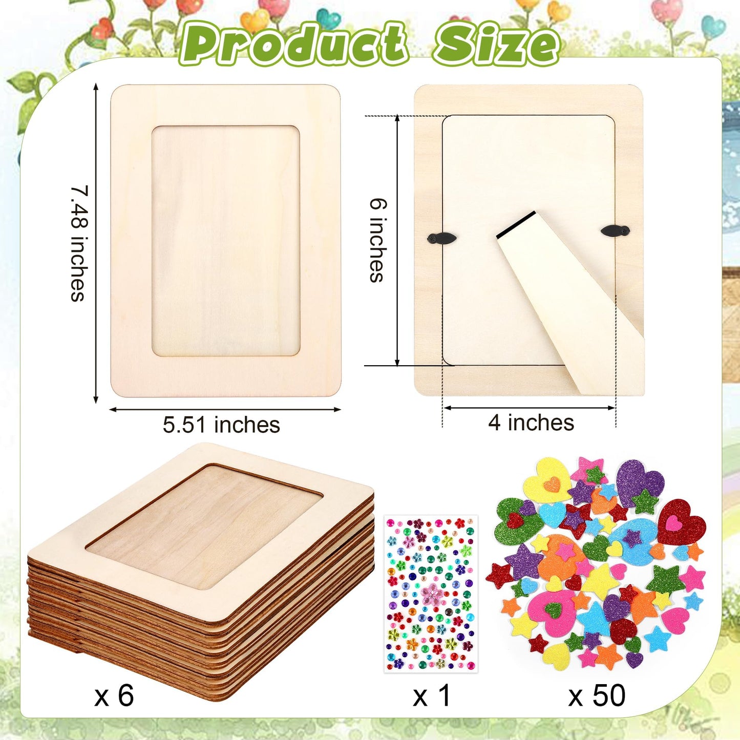 Aneco 6 Packs Picture Frame Painting Craft Kit for 4 x 6 Inch Photo DIY Unfinished Wooden Photo Frames with Diamond and Foam Stickers for DIY Crafts, Paint and Decorate