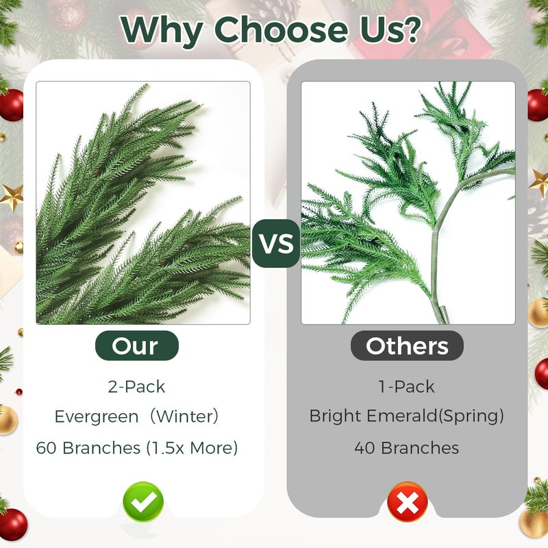 2 Pcs 6FT Norfolk Pine Garland (12FT Total): Real Touch Artificial Christmas Greenery with 120 Branches, Premium Decor for Mantle, Table, Wall, Indoor/Outdoor(Dark Green)