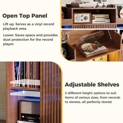 IRONCK Luxury Record Player Stand with Storage, Holds 1500+ Vinyl Records, Large Record Storage Cabinet with Sliding Doors & Charging Station & LED Light, Brown