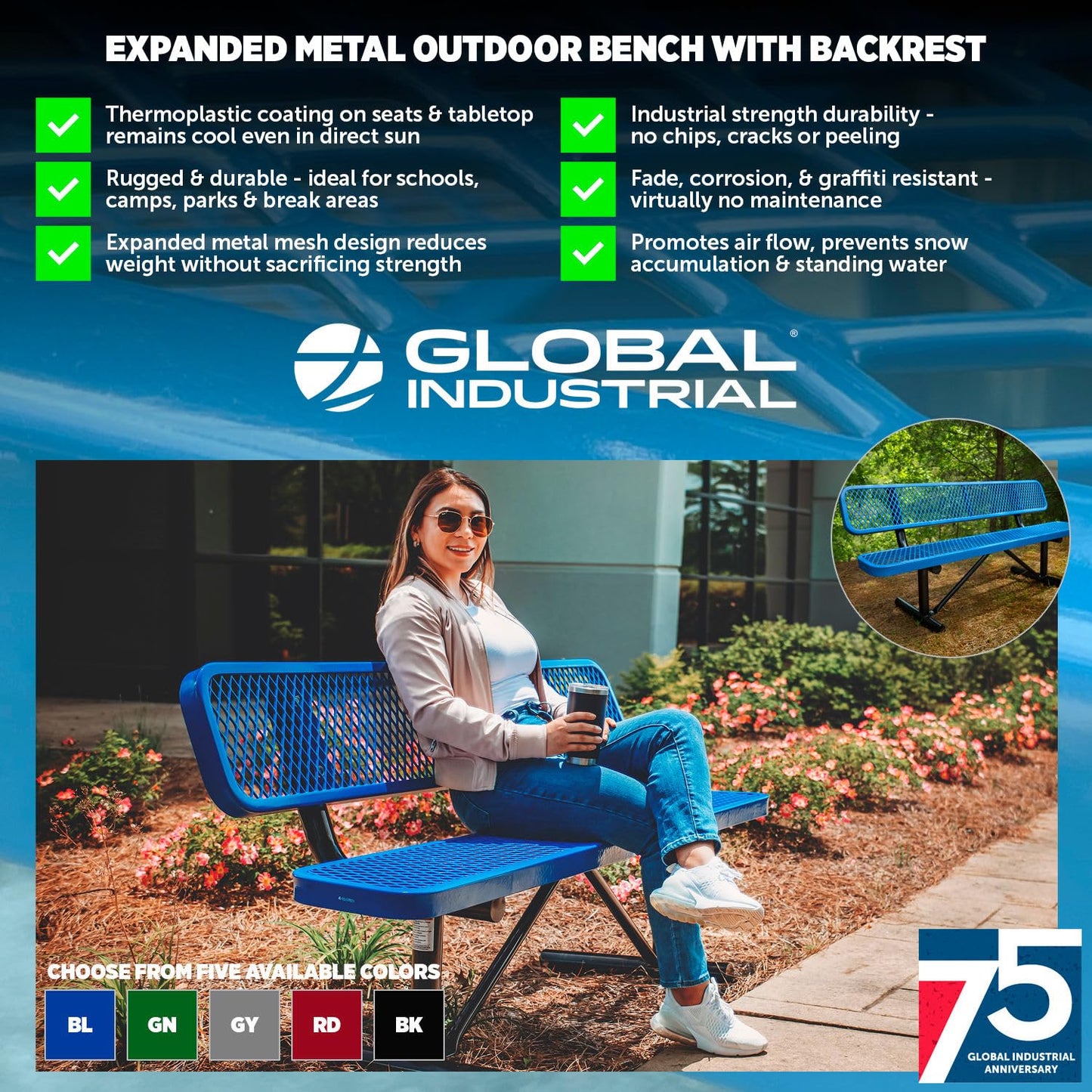 Global Industrial 6'L Heavy Duty Expanded Metal Mesh Bench with Backrest with Steel Frame, Portable Outdoor Bench, 1000 lbs Capacity, Black, 72" L x 24" W x 33" H