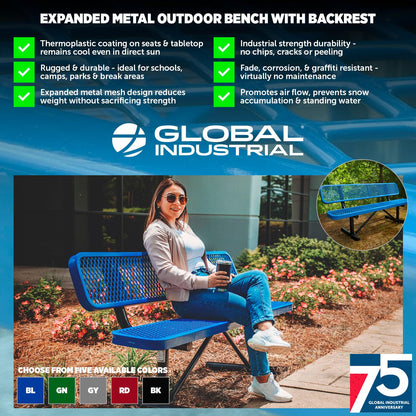 Global Industrial 6'L Heavy Duty Expanded Metal Mesh Bench with Backrest with Steel Frame, Portable Outdoor Bench, 1000 lbs Capacity, Black, 72" L x 24" W x 33" H