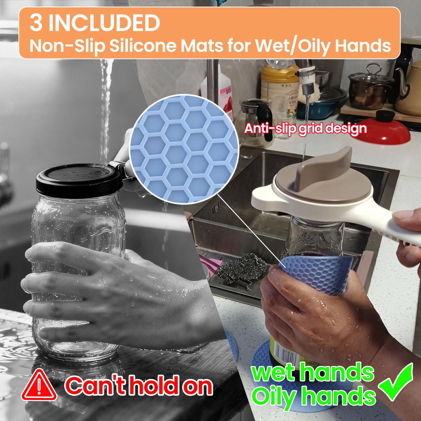 XINARIO 4-in-1 Jar Opener for Seniors, Weak Hands & Arthritis, Adjustable Gripper for 1"-3.5" Lids, Opens Jars, Bottles & Beer Caps, with 3 Non-Slip Mats & 2 Hooks for Wet Hands, Easy Kitchen Gadget