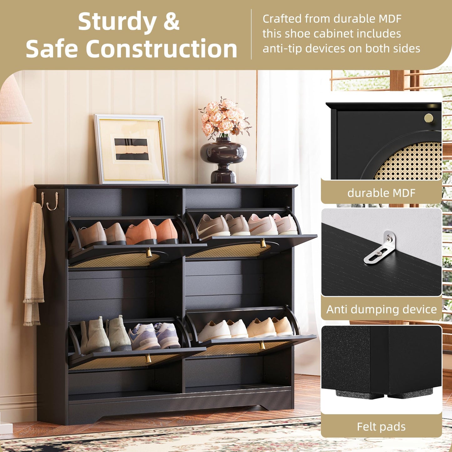 Merax Shoe Cabinet Storage with 4 Flip Drawers, Free Standing Shoes Organizer with 4 Rattan Doors for Entryway, Narrow Tipping Bucket Rack, with 2 Hooks, Black
