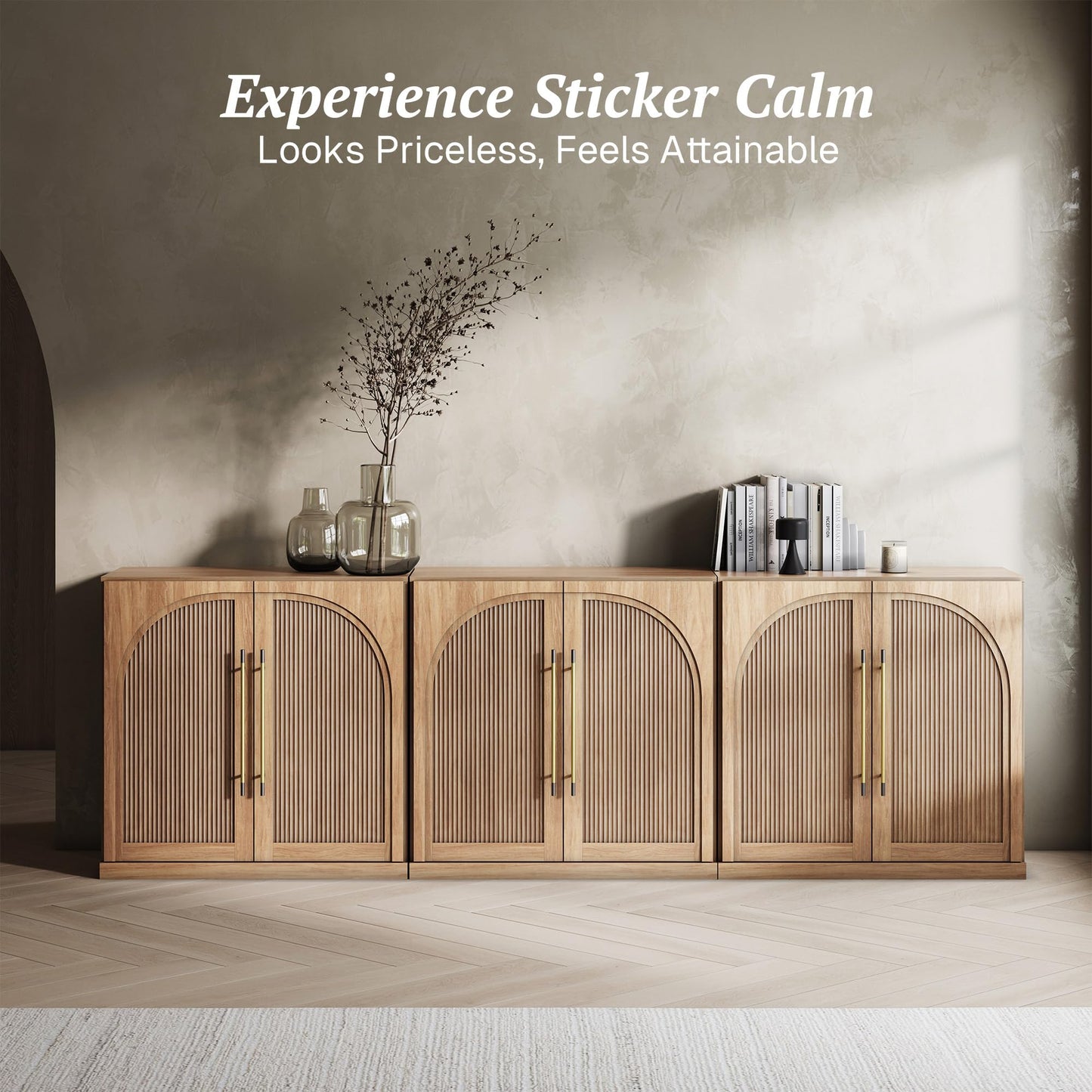 BELLEZE Set of 3 Modular Sideboard with Double-Arc Wood Doors, 97'' Arched Buffet Cabinet with Storage and Adjustable Shelves, Classic Modern Credenza for Dining Room Living Room Entryway (Camel)