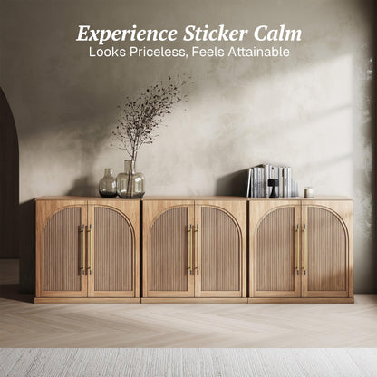 BELLEZE Set of 3 Modular Sideboard with Double-Arc Wood Doors, 97'' Arched Buffet Cabinet with Storage and Adjustable Shelves, Classic Modern Credenza for Dining Room Living Room Entryway (Camel)