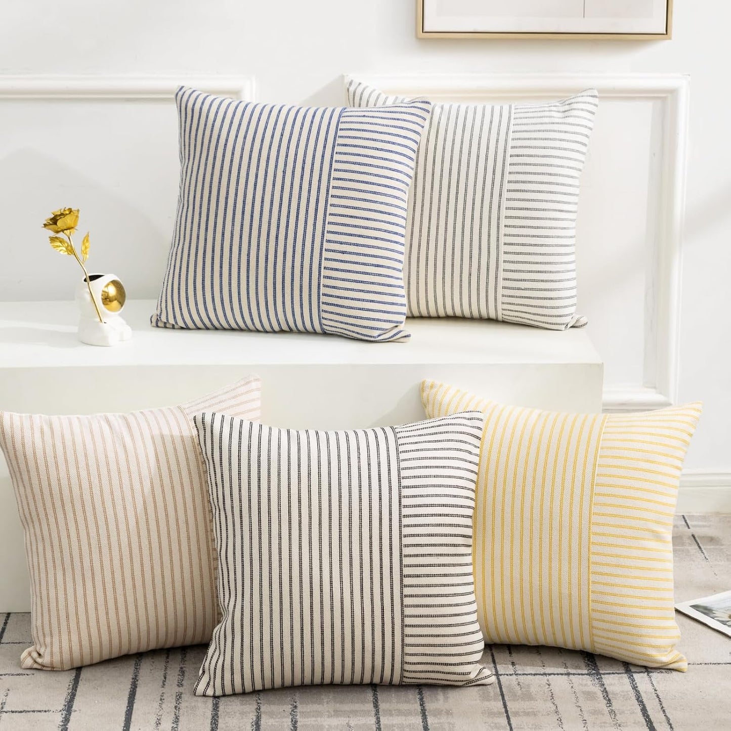 24x24, Set 2, YCOLL Fall Pillow Covers Modern Accent Throw Pillow Covers of Burnt Orange Striped Patchwork Linen