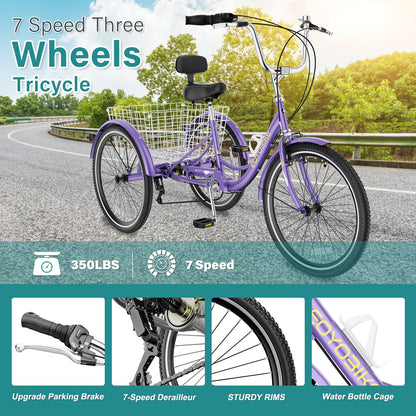 MOPHOTO Adult Tricycle 7 Speed, 20/24/26 Inch Low Step-Through Adult Trike with Large Rear Basket, 350 lbs Capacity 3 Wheel Bike for Seniors, Women and Men