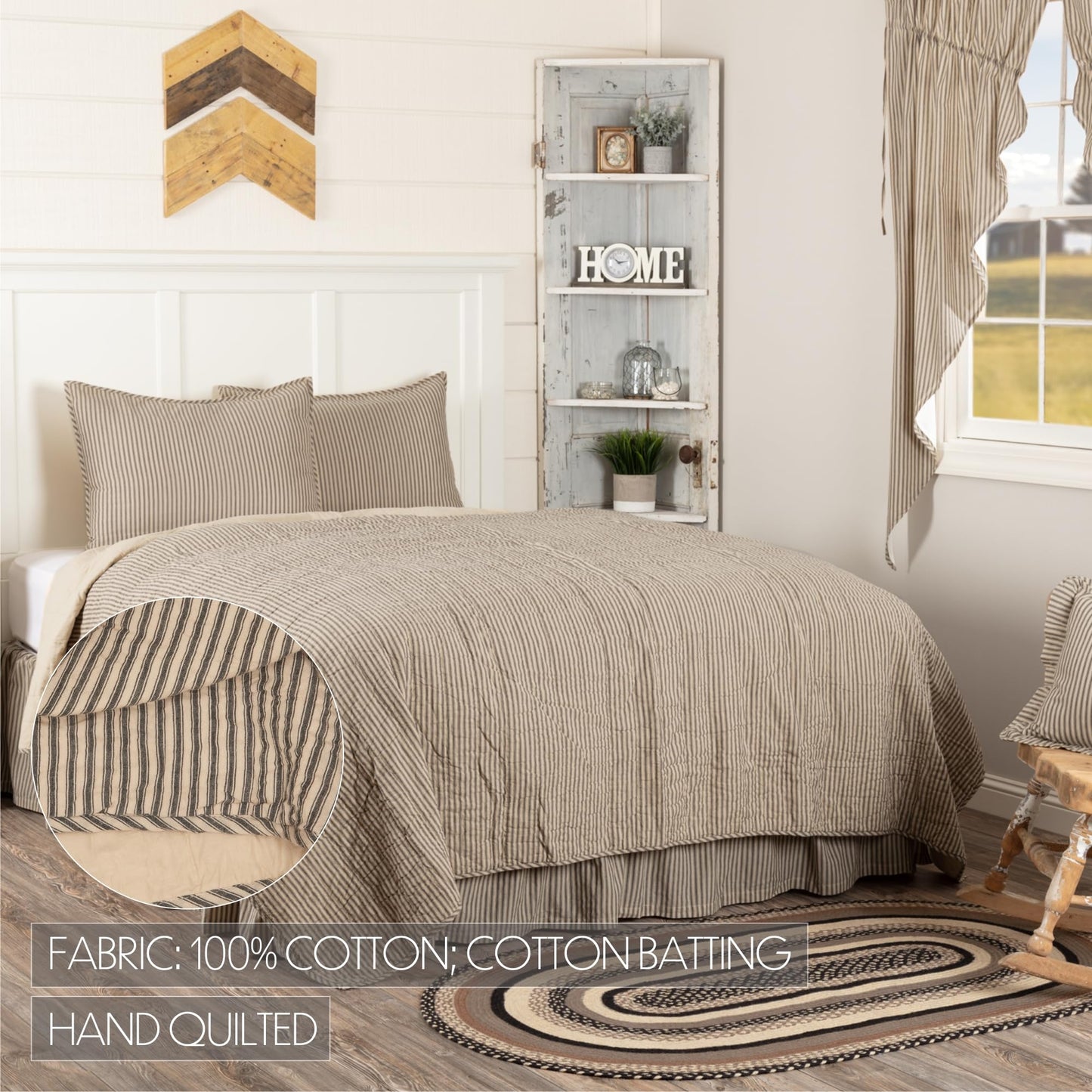 VHC Brands Sawyer Mill Ticking Stripe King Quilt Set, Charcoal Gray