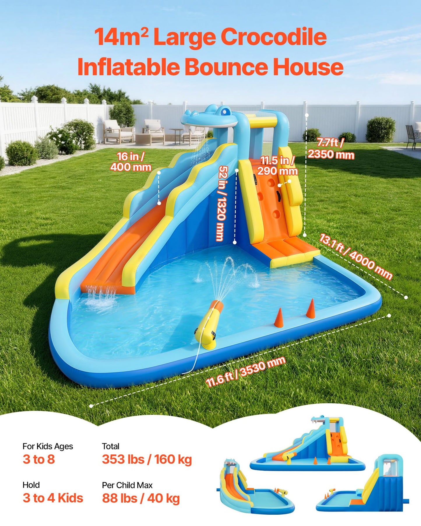 VEVOR Bounce House for Kids, Inflatable Bounce House with Air Blower, Water Slide, Bouncer Castle with Bounces Zone, Climbing Wall, Splash Pool & Water Ring Toss, for 3 to 4 Kids Ages 3 to 8