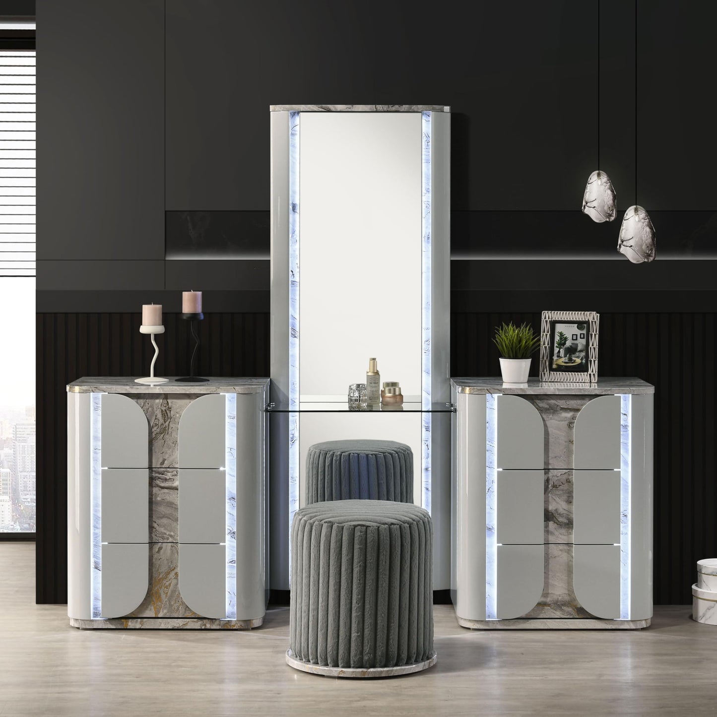 Furniture of America Bruna Modern Faux Marble 6-Drawer Makeup Vanity Set with Plush Tufting Stool, LED Full-Length Mirror and Tempered Glass Top, Wooden Dresser for Bedroom, Guest Room, Light Grey