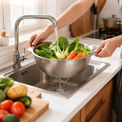 304 Stainless Steel Colander, 2.5 QT Capacity and 2.5 QT Mixing Bowl, Micropore Strainer for Washing Rice, Fruit, and Veggies, Perfect Draining for Cooked Pasta