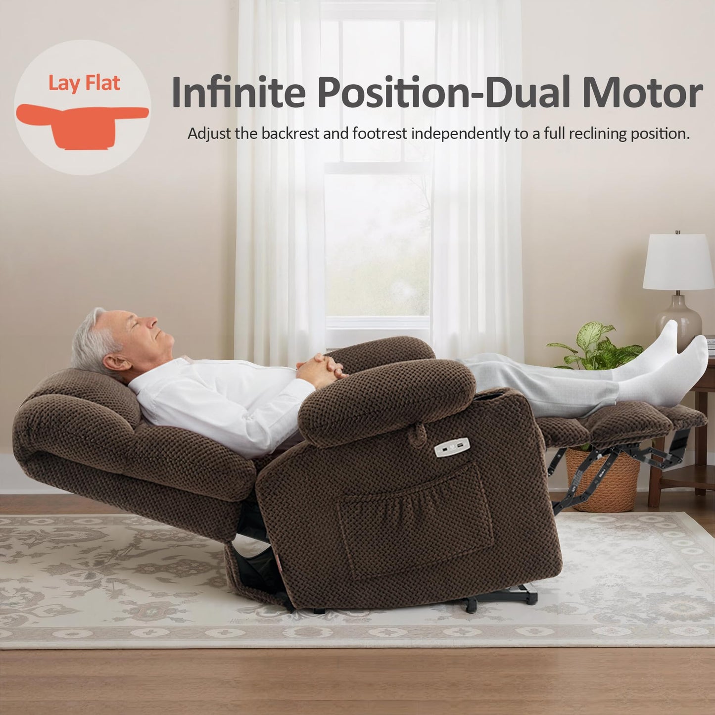 MCombo Dual Motor Power Lift Recliner Chair with Massage and Heat for Elderly People, Infinite Position, USB Ports, Cup Holders, Fabric 7890 (Medium, Mocha)