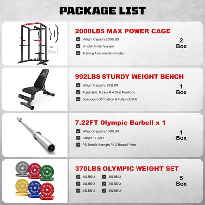 JELENS S11 Power Cage, 2000LB Multi-Function Power Rack with LAT Pulldown, Squat Rack with Adjustable Pulley System and Training Attachments, Weight Rack for Home Gym (370LB Colored Weights Package)