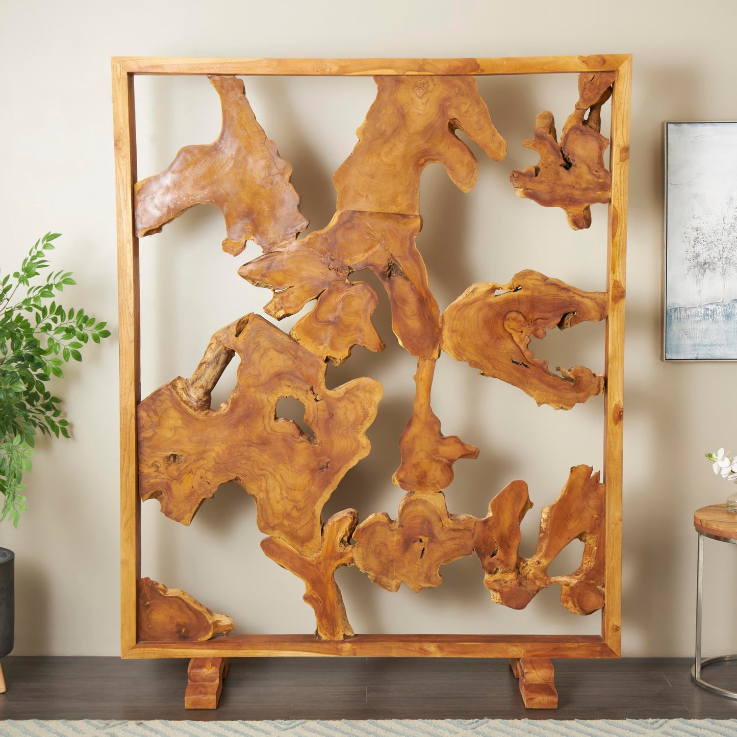 Deco 79 Teak Wood Handmade Partition Room Divider Screen Tall Live Edge Freestanding Privacy Screen with Large Tree Trunk Pieces, Room Partition 63" x 32" x 82", Brown