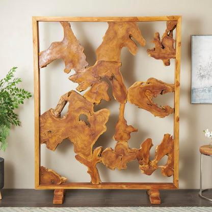 Deco 79 Teak Wood Handmade Partition Room Divider Screen Tall Live Edge Freestanding Privacy Screen with Large Tree Trunk Pieces, Room Partition 63" x 32" x 82", Brown