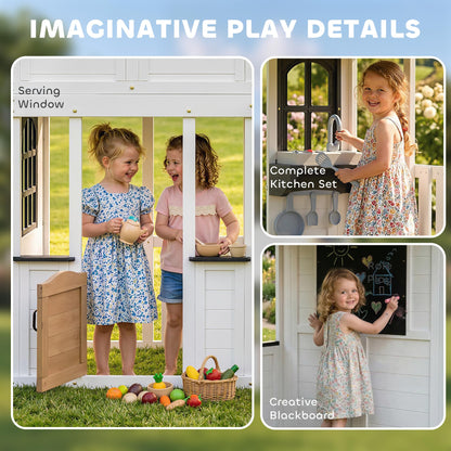 Qaba Two-Story Outdoor Wooden Playhouse for Kids with Slide, Picnic Table & Bench, Play Kitchen, Ladder, Lookout Platform for Age 2+ Backyard Play, White