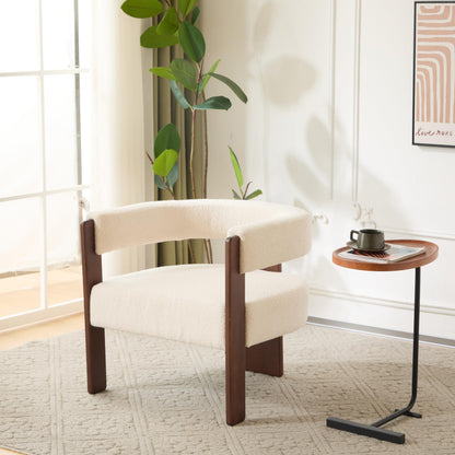Merax Modern Boucle Accent Armchair, Upholstered Barrel Chair with Walnut Finish Wooden Legs, Comfy Reading Lounge Chair for Living Room Bedroom Office, Beige