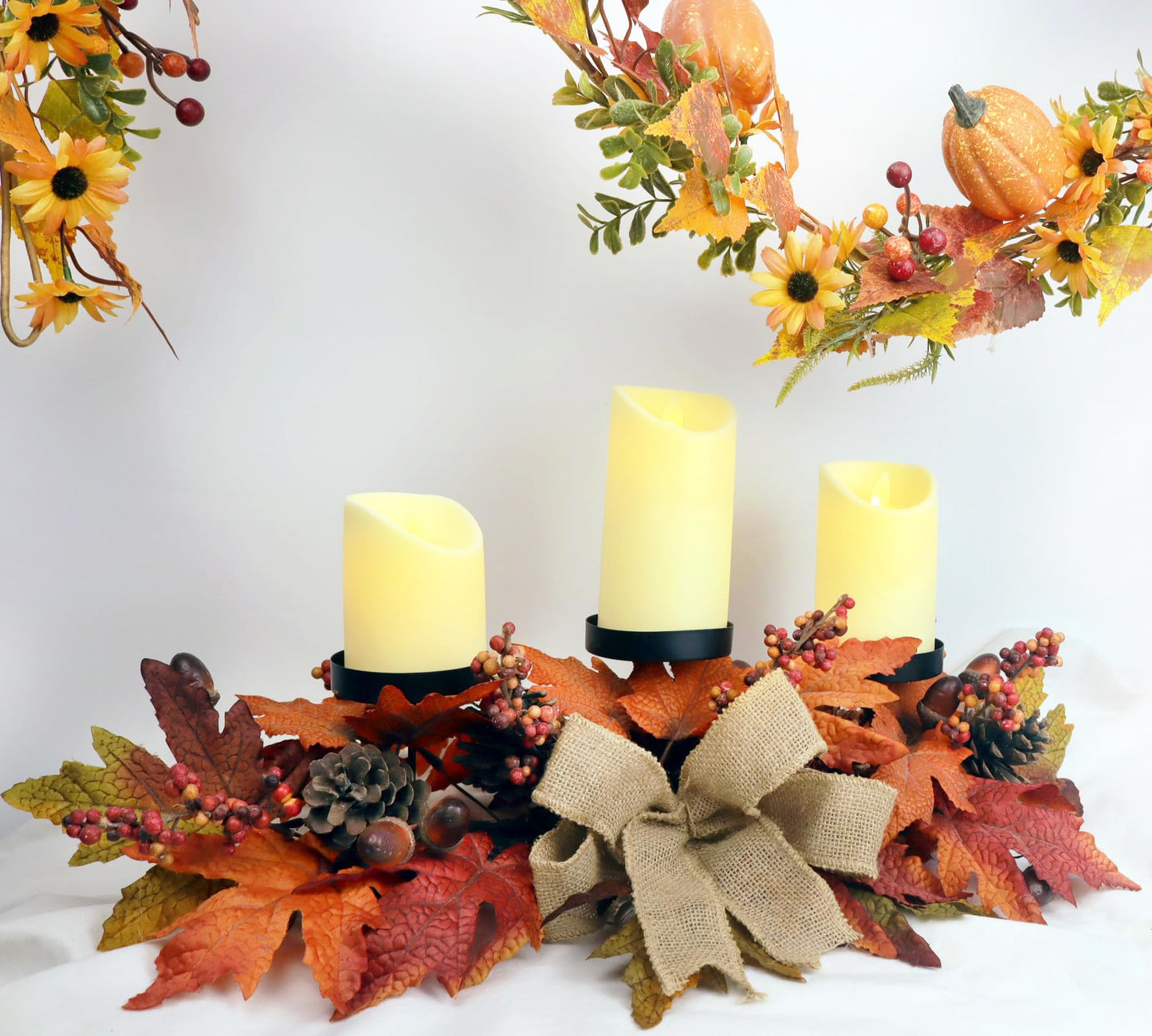 Fall Candle Holder Centerpiece with Maple Leaves, Pinecones, Berries & Burlap Bow,Thanksgiving Table Centerpiece Decoration for Dining Table, Mantel & Autumn Harvest Home Décor